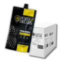 Case of eight Purée & Dreams pineapple syrup pouches beside its shipping carton