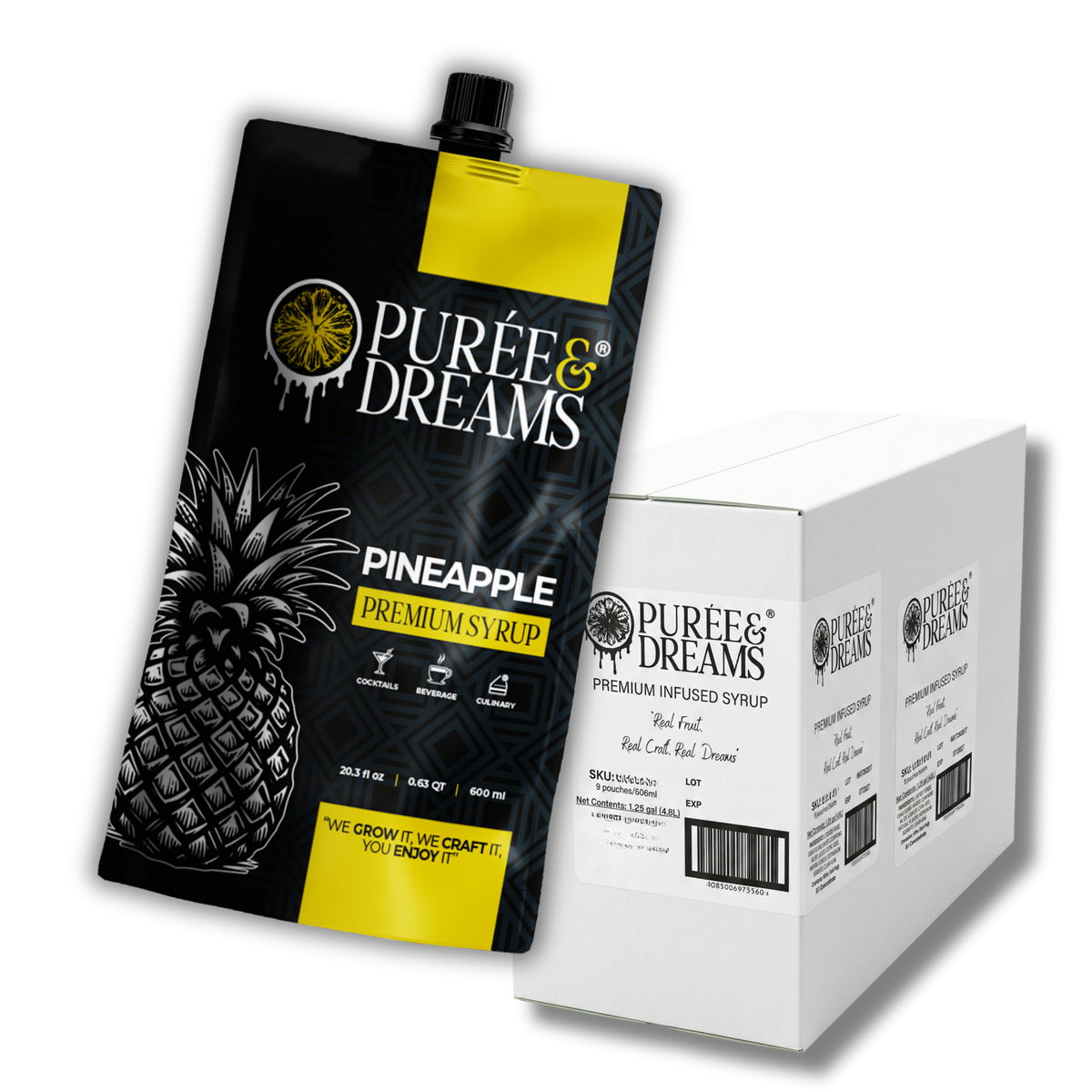 Case of eight Purée & Dreams pineapple syrup pouches beside its shipping carton